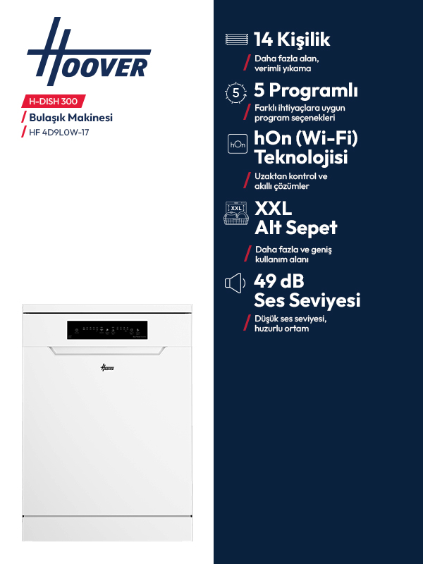 14 kişilik kapasite ve Wi-Fi özellikli beyaz Hoover bulaşık makinesi.