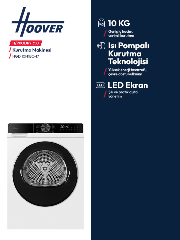 10 kg kapasiteli, ısı pompalı kurutma teknolojisine ve LED ekrana sahip Hoover kurutma makinesi.