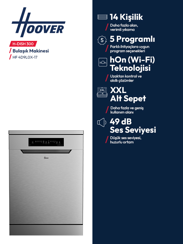Mavi arka plan önünde Wi-Fi ve XXL sepet özellikli gümüş renkli Hoover bulaşık makinesi.