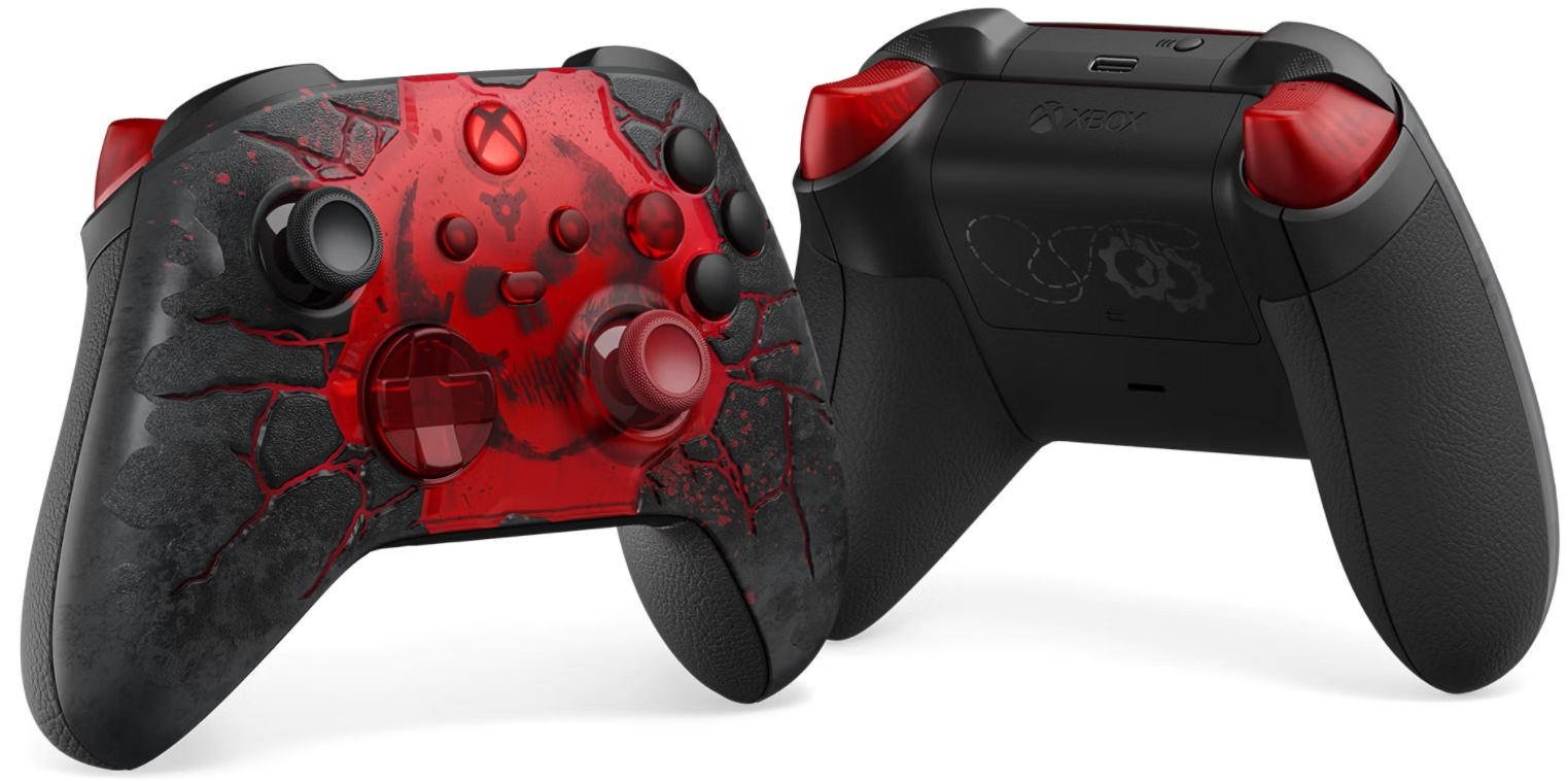 Piros és fekete Xbox kontroller törött koponya mintával és piros gombokkal.