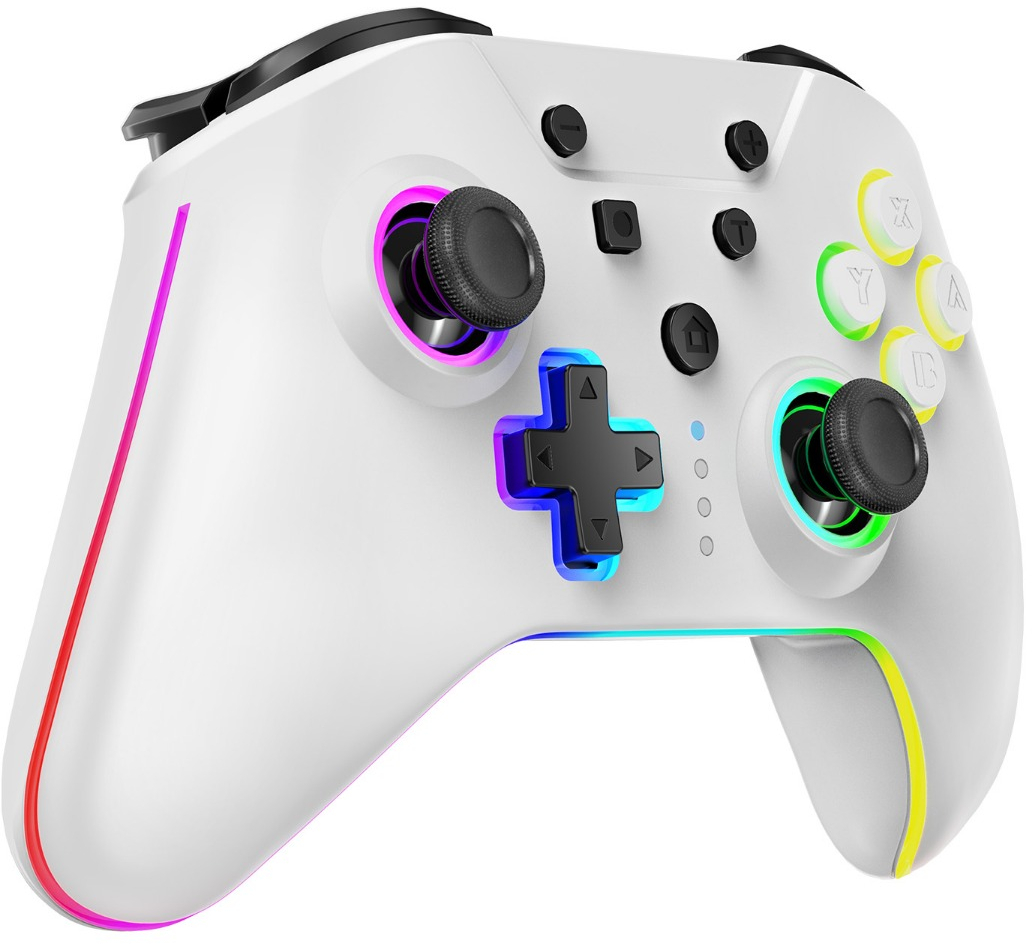 Egy fehér játékvezérlő RGB világítással, két joystickkal, irányítópárnával és akció gombokkal.
