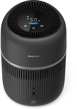 Fekete Philips légtisztító digitális felső kijelzővel és szellőzőnyílásokkal.