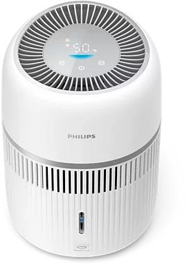 Egy fehér Philips légtisztító digitális kijelzővel és szellőzőnyílásokkal.