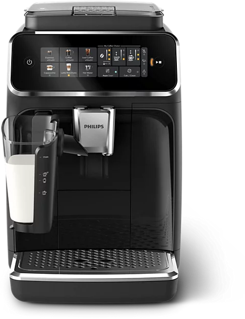 Fekete Philips teljesen automata kávéfőző beépített tejtartóval és érintőkijelzővel fekete háttér előtt.