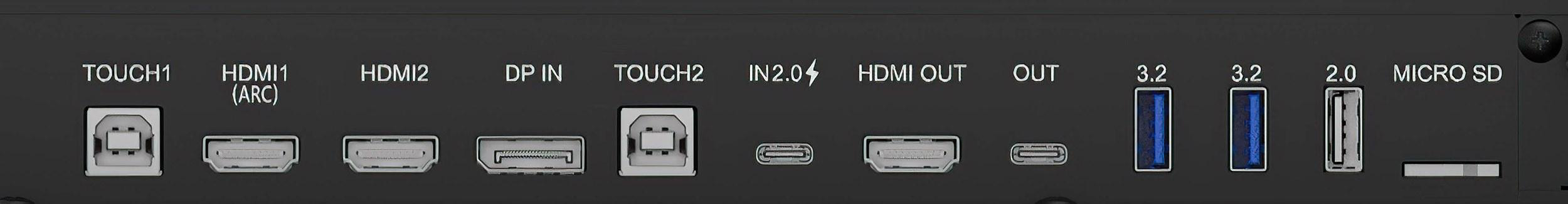 Nahaufnahme verschiedener Anschlüsse an einem schwarzen Gerät, beschriftet mit Touch1, HDMI, DP IN, USB 3.0 und Micro SD.