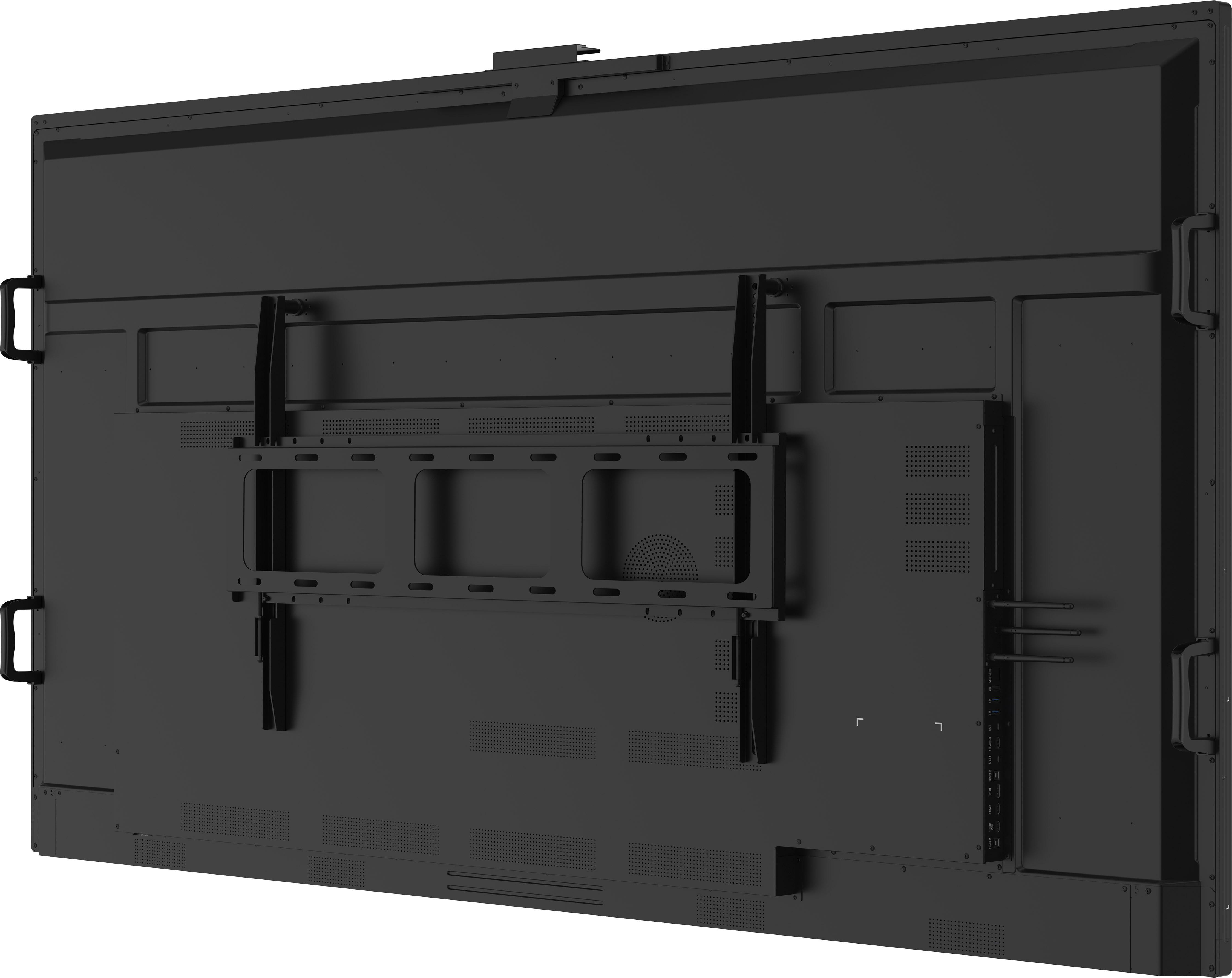Rückansicht eines großen schwarzen Smartboards mit integrierter Wandhalterung und Belüftungsschlitzen.