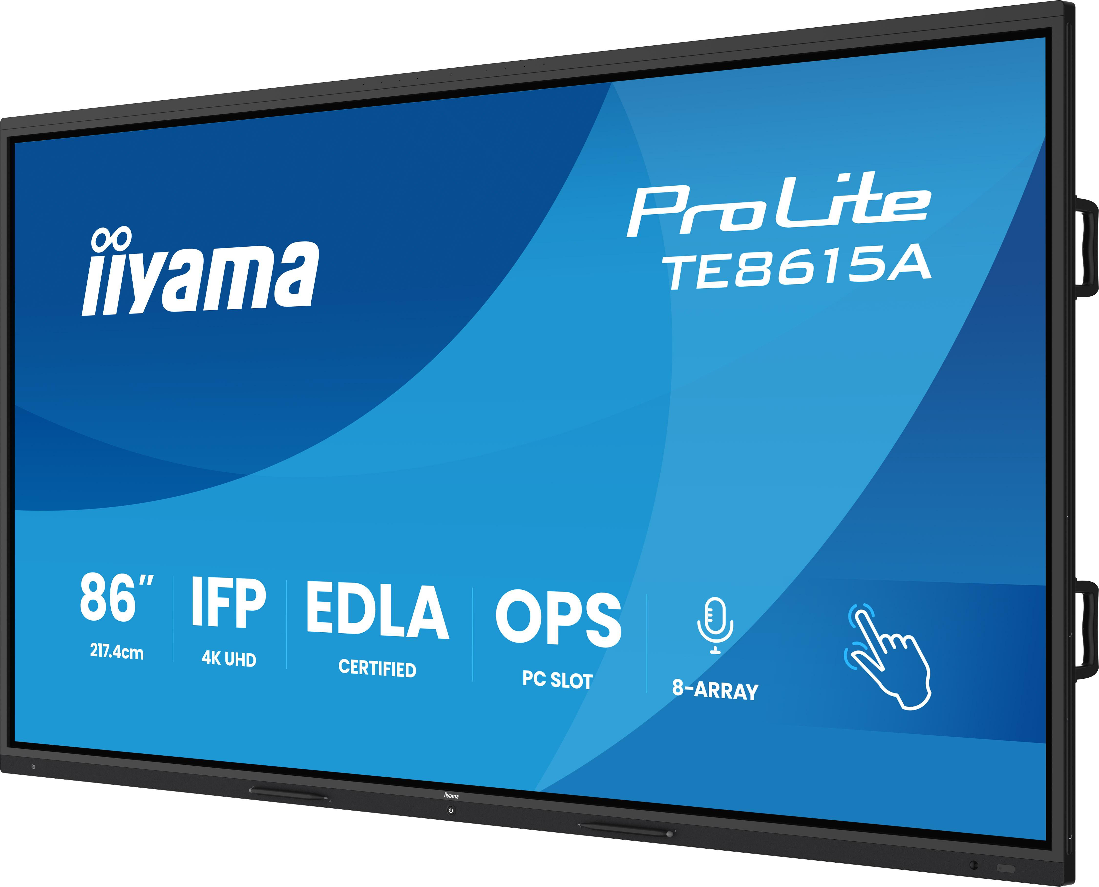 Ein großer schwarzer Iiyama ProLite TE8615A Touchscreen mit blauer Benutzeroberfläche und Funktionssymbolen.