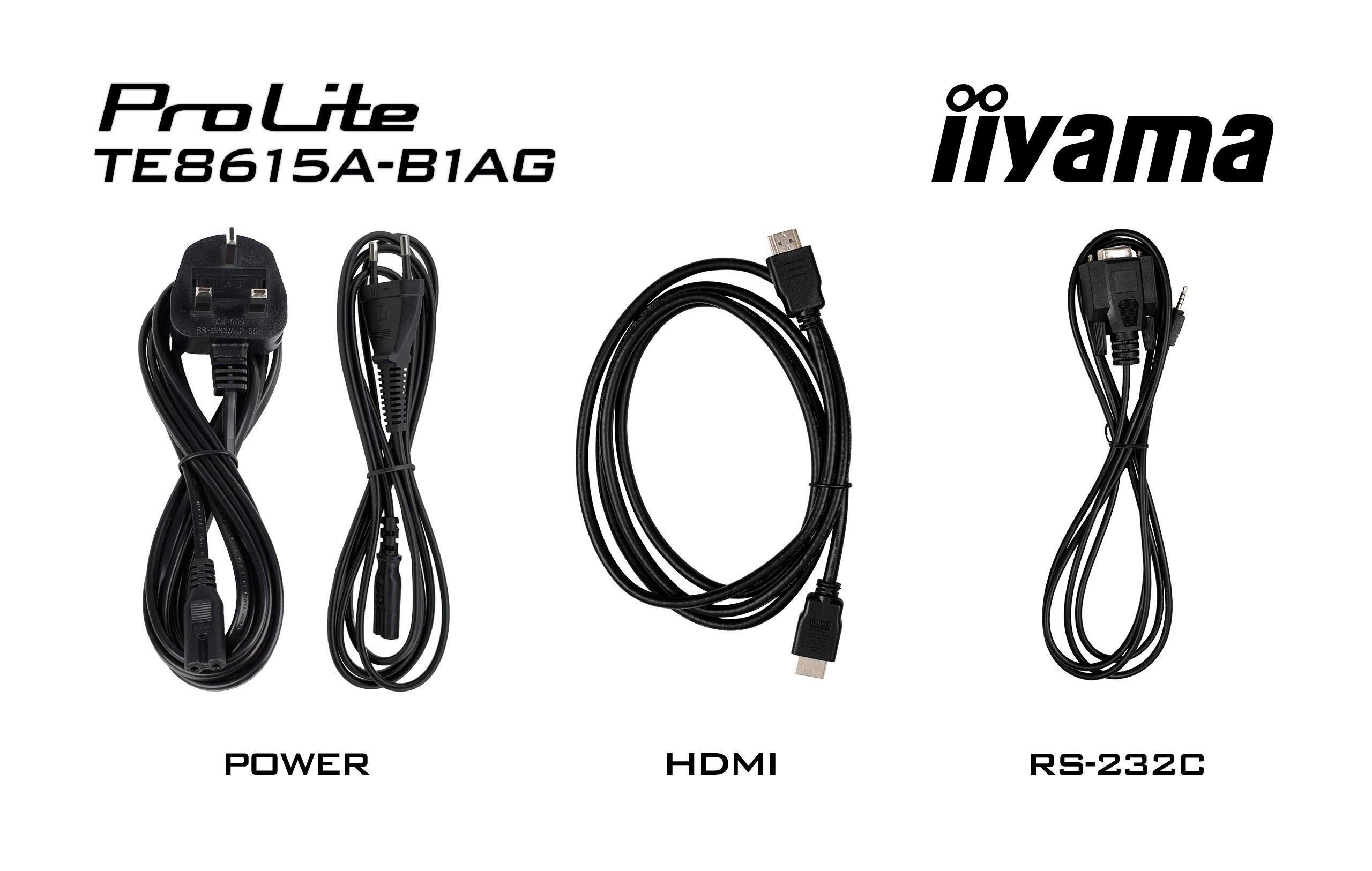 Verschiedene schwarze Kabel inklusive Power, HDMI und RS-232C für den Iiyama ProLite TE8615A-B1AG Monitor.