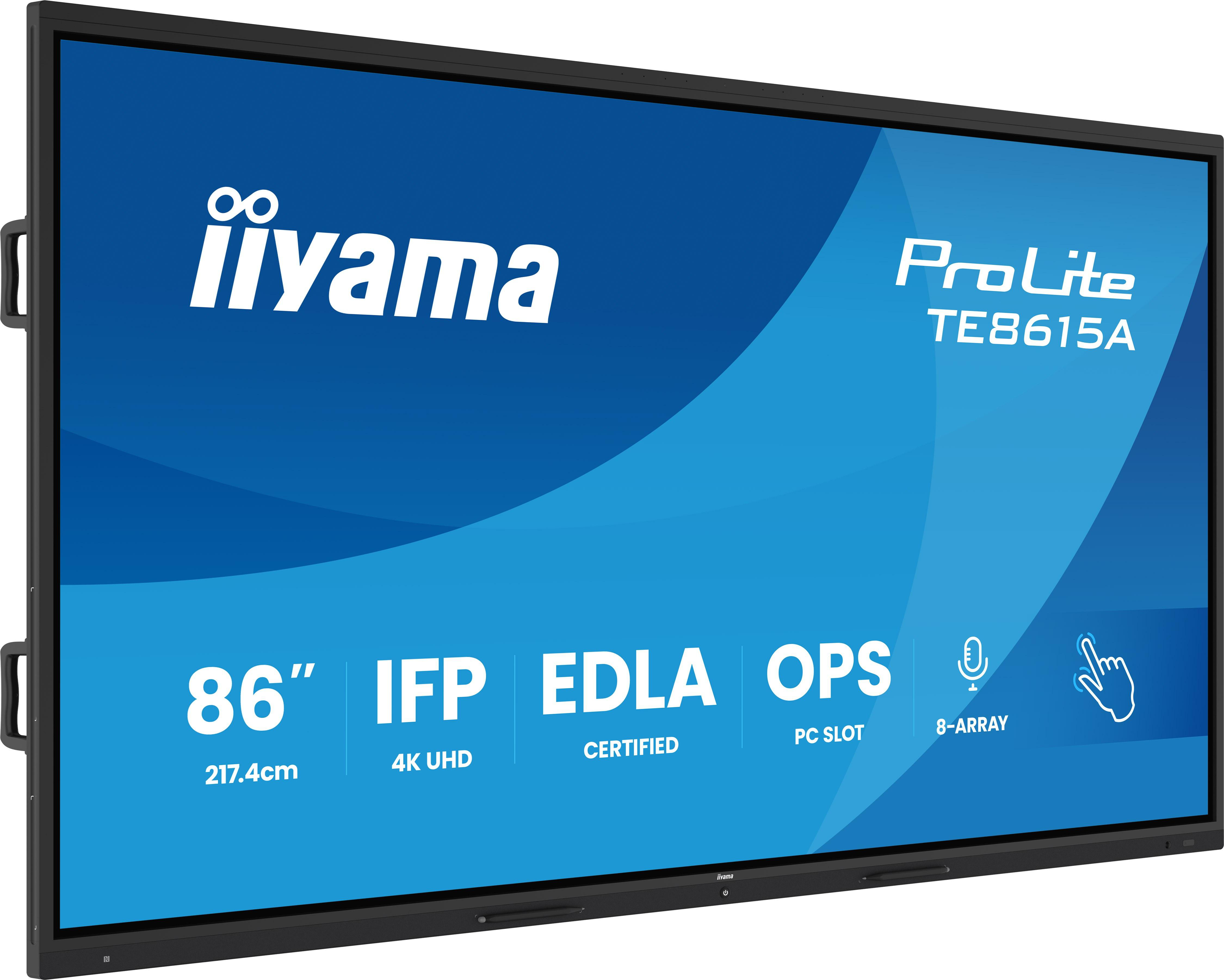 Iiyama ProLite TE8615A 86-Zoll 4K UHD Touchscreen-Display mit blauer Startseite.