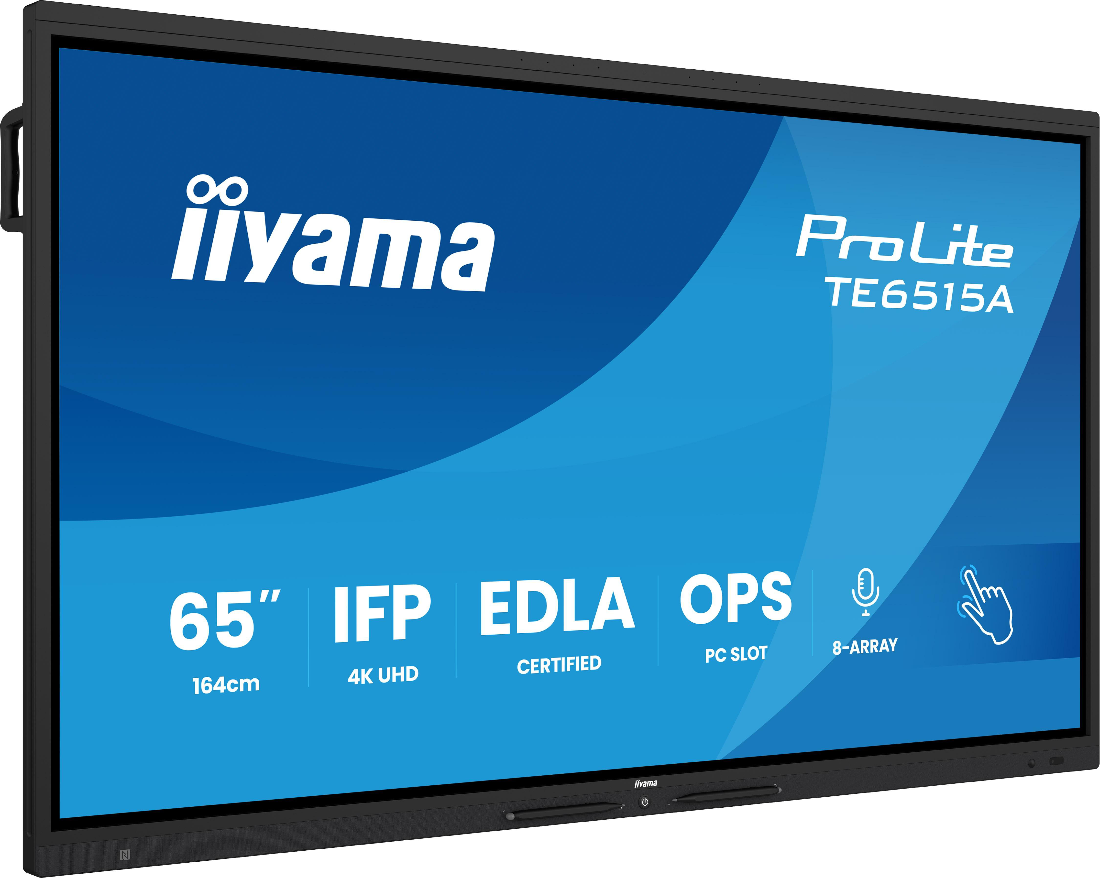 Ein großer schwarzer Iiyama ProLite TE6515A Touchscreen mit technischen Daten.