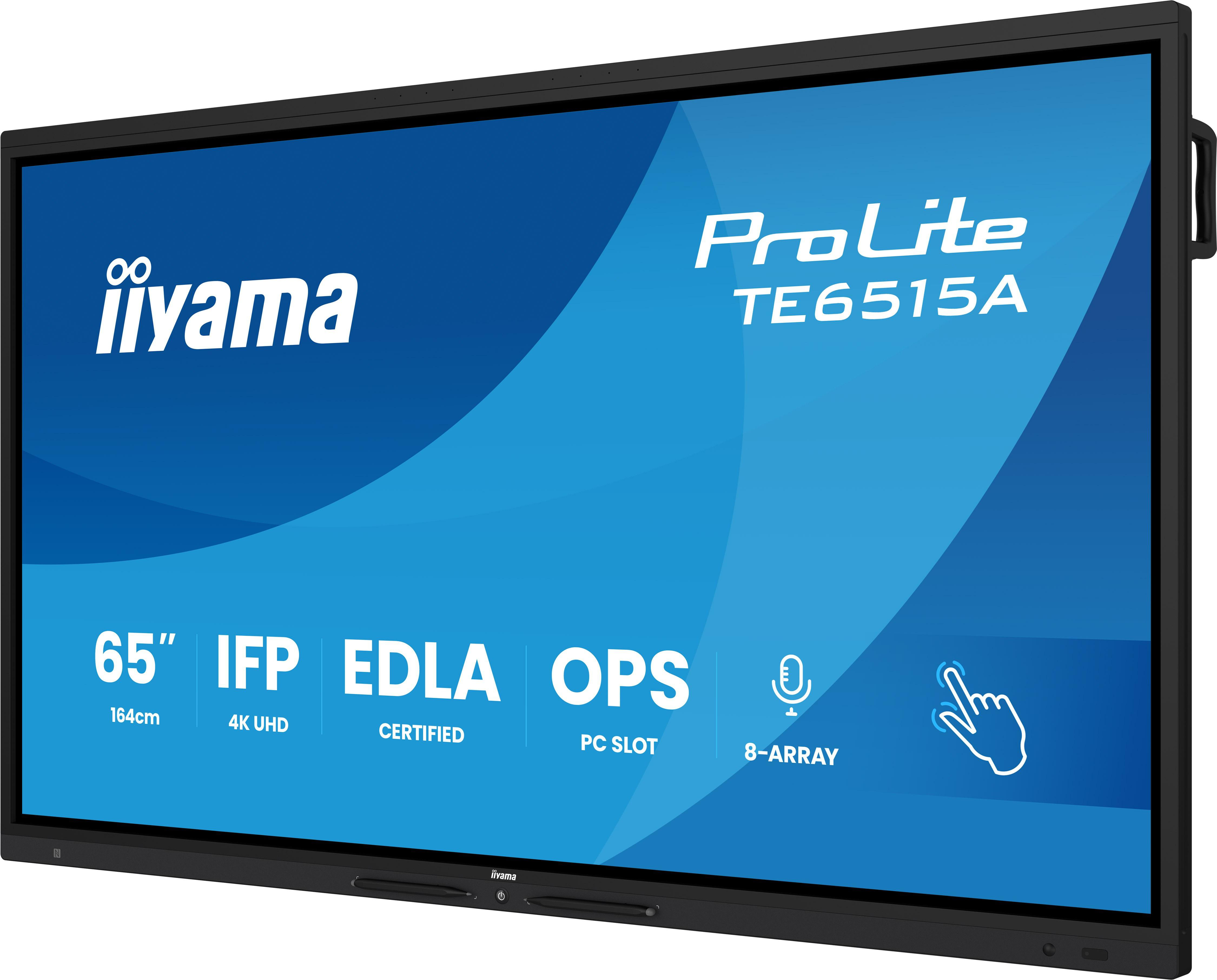 Iiyama ProLite TE6515A 65-Zoll-Touchscreen-Display mit blauer Benutzeroberfläche und Funktionssymbolen.