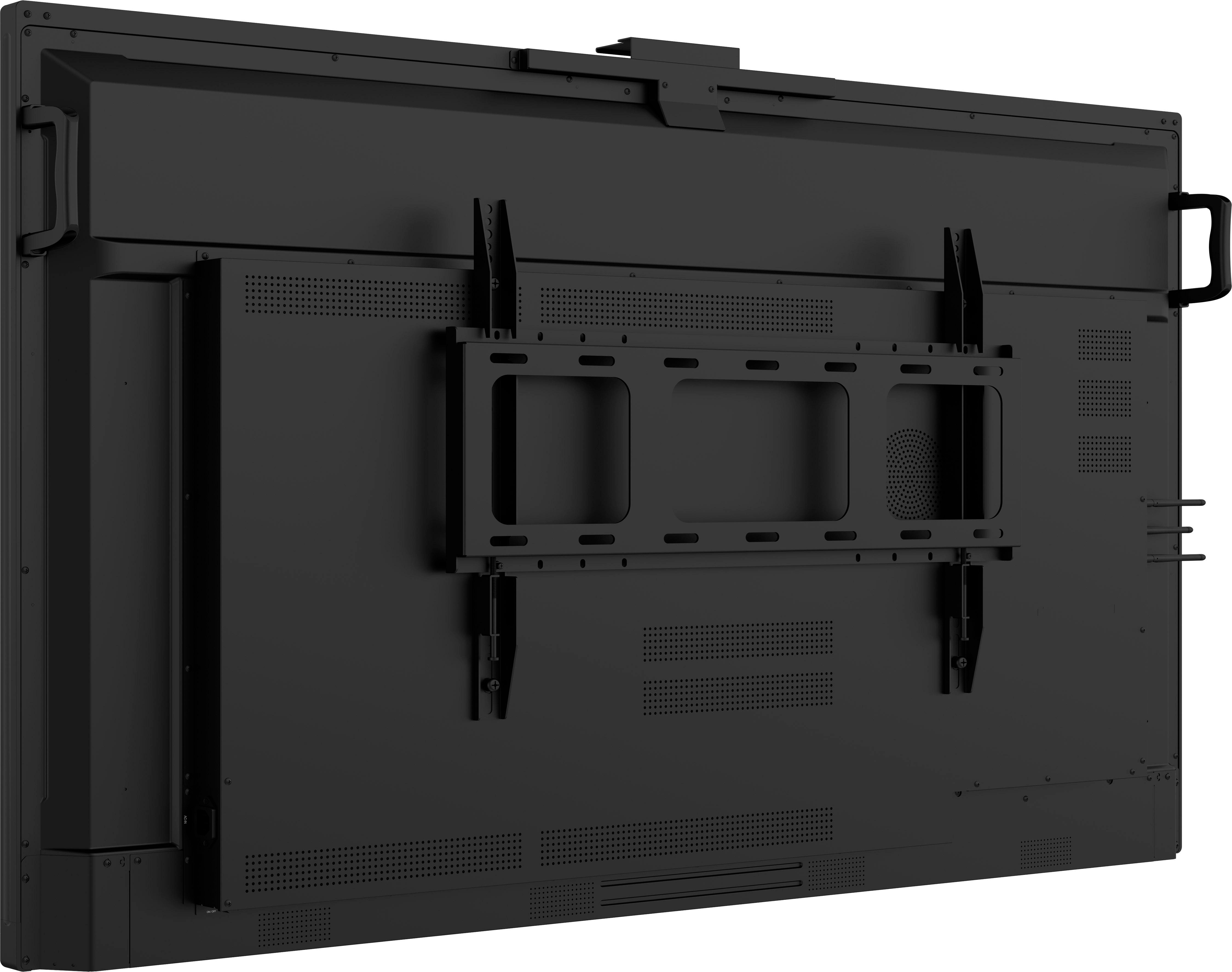 Rückansicht eines schwarzen Digitaldisplays mit Montagehalterungen und Griffen.