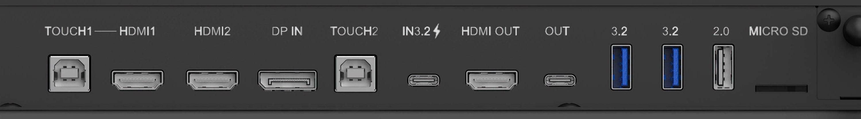 Rückseite eines Geräts mit verschiedenen Anschlüssen wie HDMI, DisplayPort, USB und Micro SD.