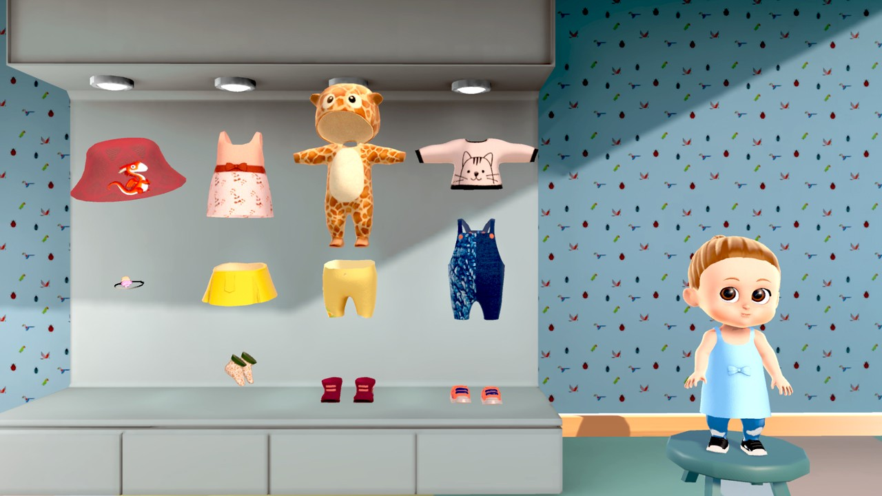 Kleiner Junge steht auf blauem Hocker vor einer Kleiderwand mit Hüten, Outfits und Schuhen in einem Zimmer.