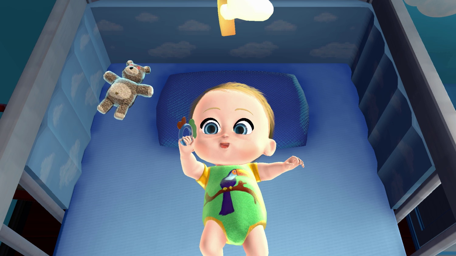 Ein kleines Baby mit blauem Auge liegt im Bett mit Spielzeug.
