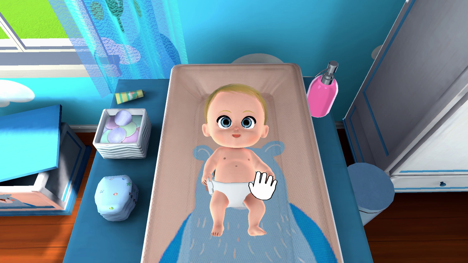 Ein Cartoon-Baby liegt auf einer Wickelkommode mit blauen Wänden im Hintergrund.