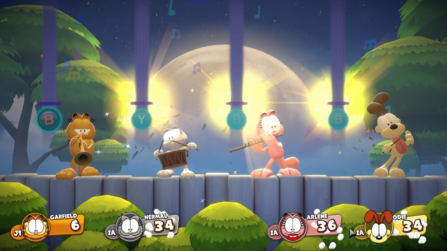 Garfield und Freunde spielen musizierende Instrumente auf einer Mauer vor einem hellen Vollmond bei Nacht.
