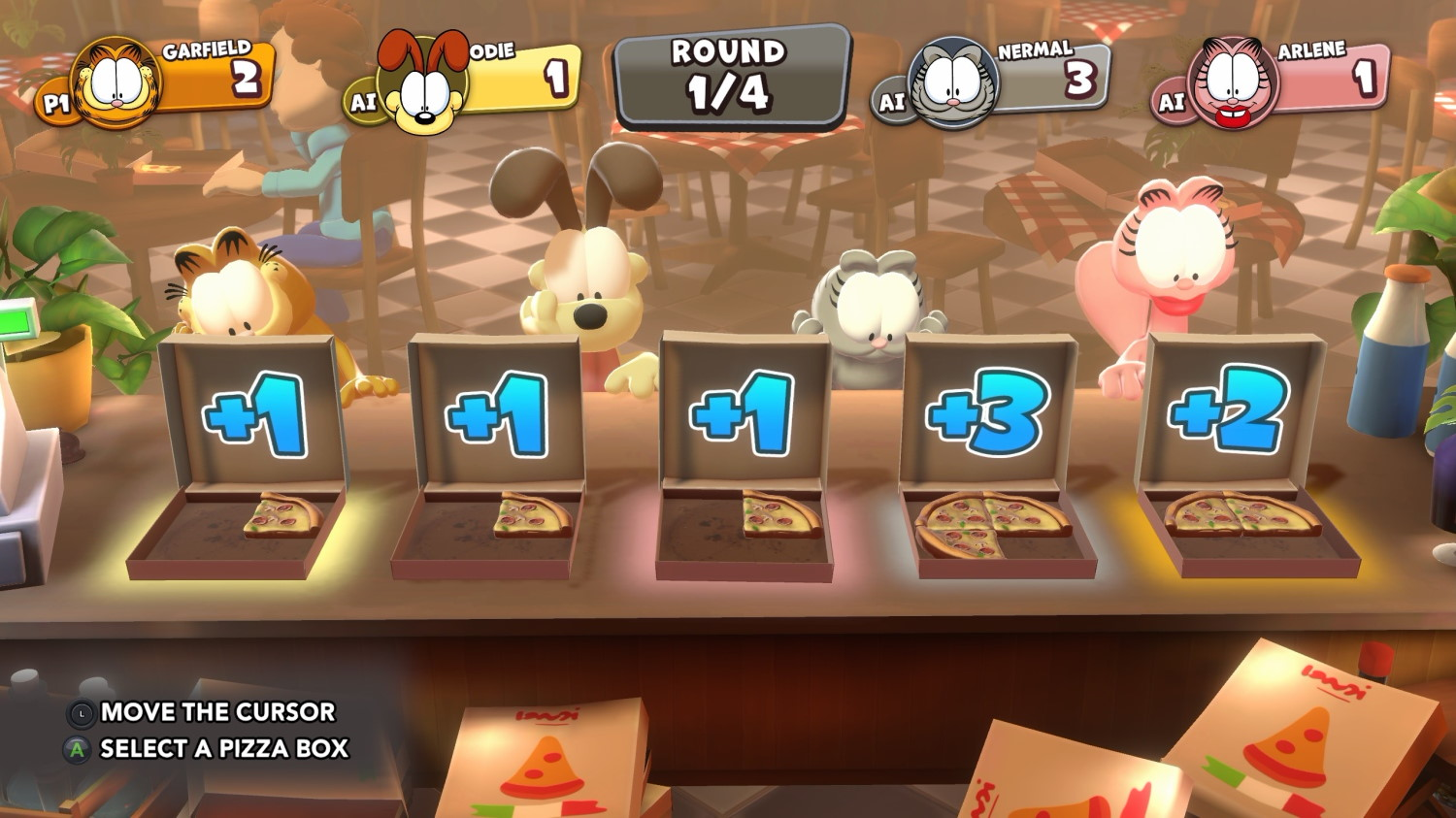 Garfield und seine Freunde spielen ein Pizza-Spiel in einem Pizzeria-Bereich.