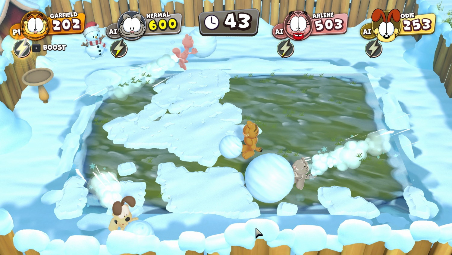 Garfield und Freunde rollen riesige Schneebälle in einer verschneiten Arena.