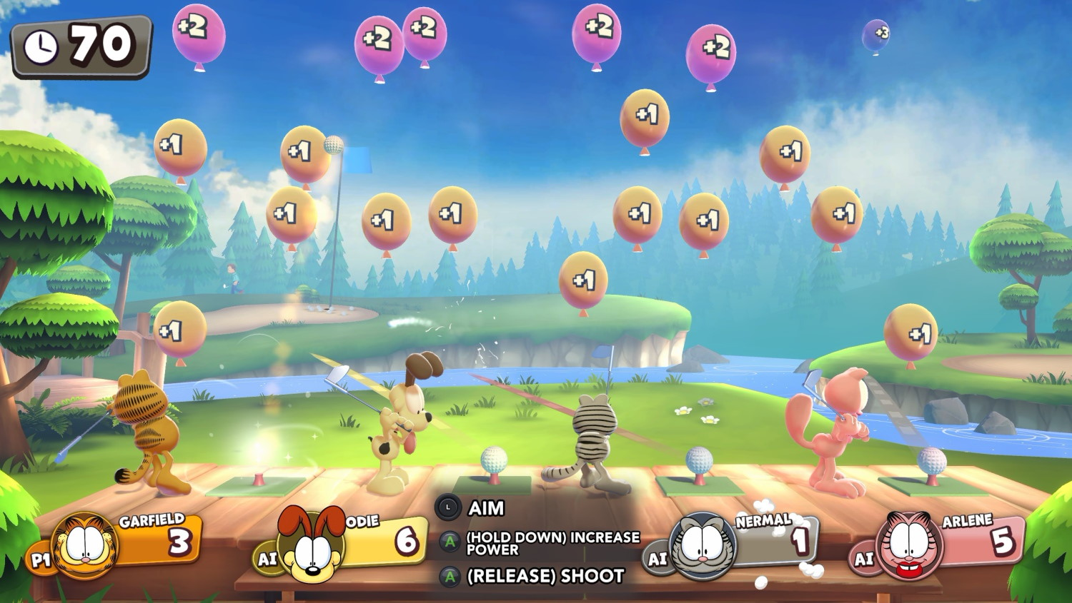 Garfield und Freunde spielen Golf auf einem sonnigen Platz mit schwebenden Ballons.
