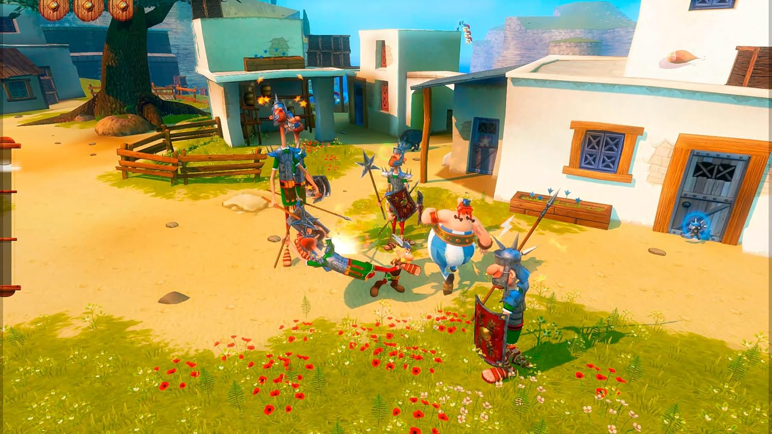 Galli-Videospielszenen mit Figuren, die römische Soldaten vor weißen Dorfhäusern und roten Blumen bekämpfen.