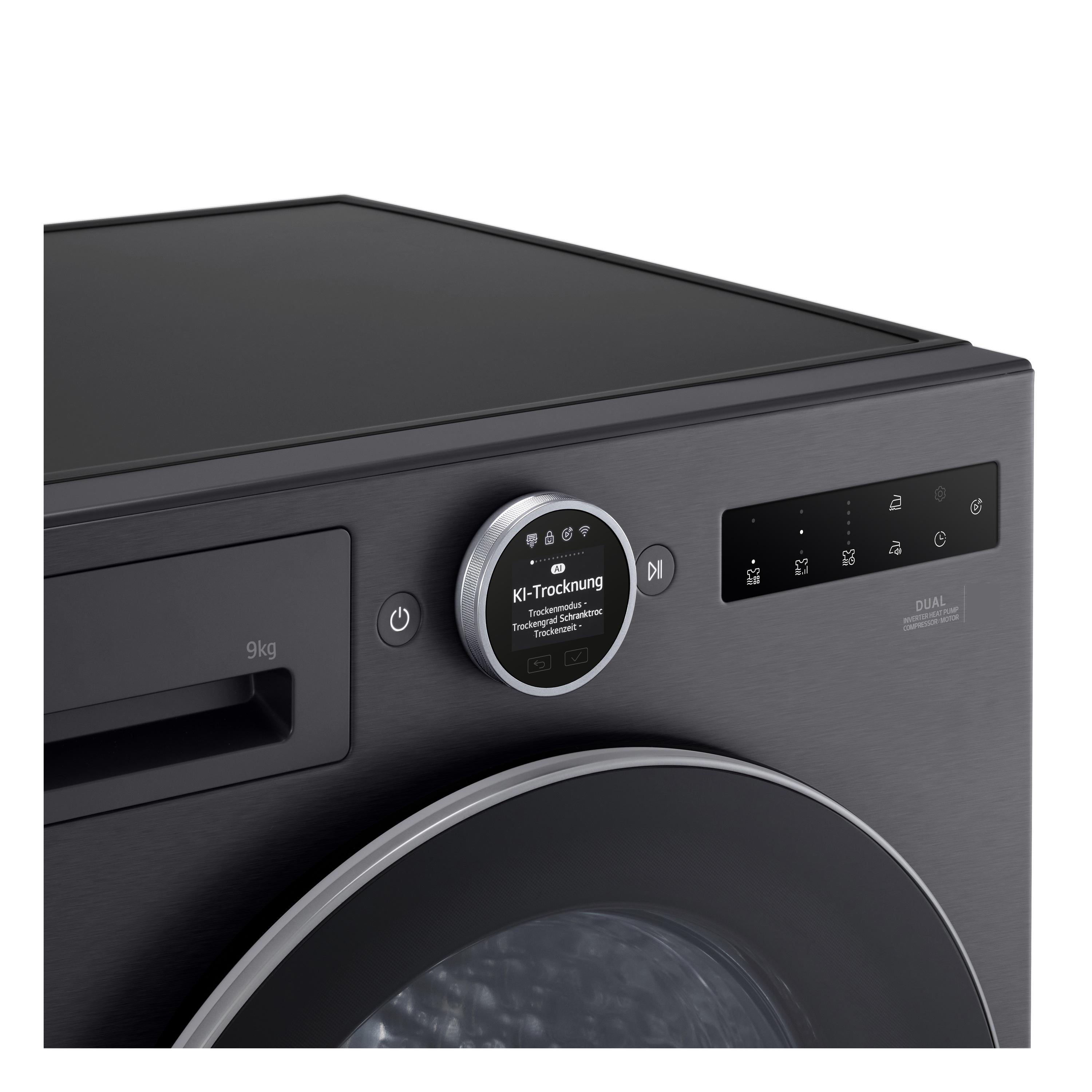 Moderne graue Waschmaschine mit digitalem Runddisplay, Touch-Bedienfeld und silbernem Bullauge auf weißem Grund.