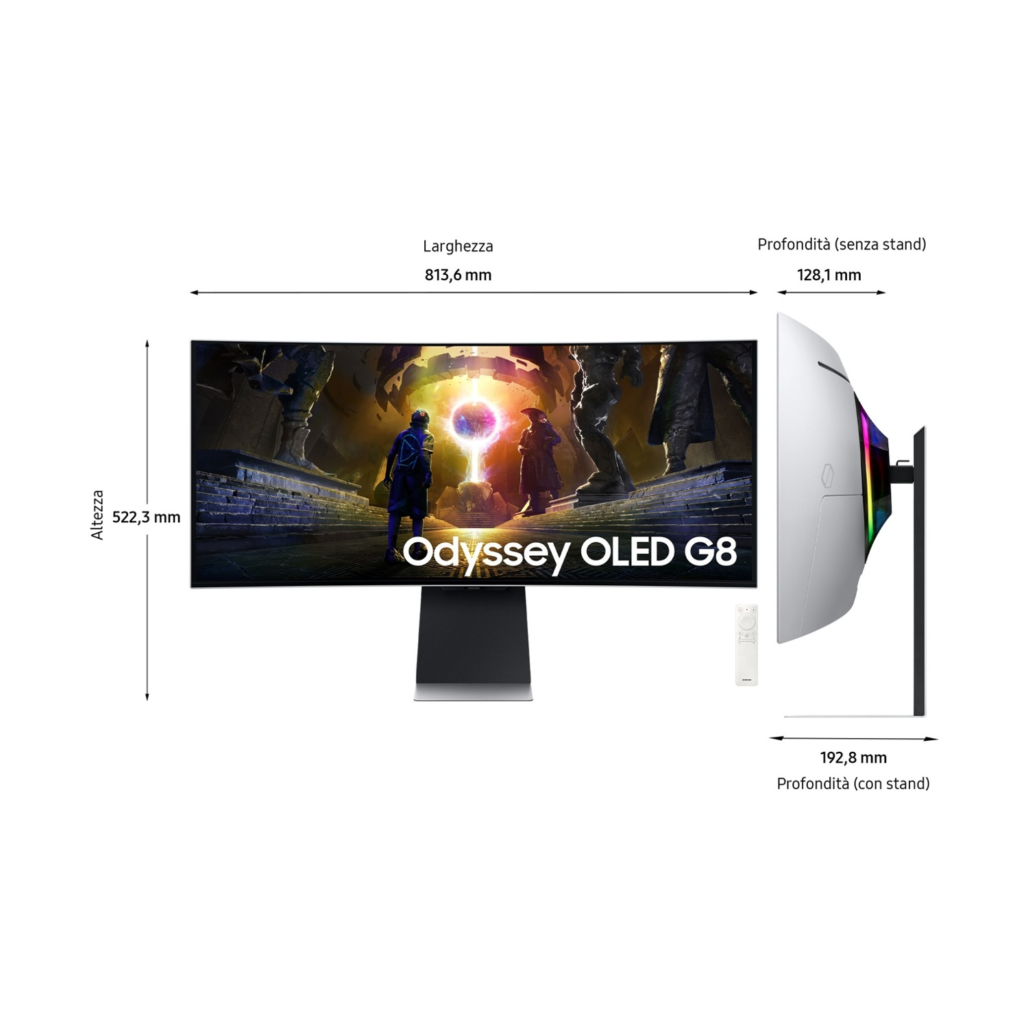 Schema del monitor Samsung Odyssey OLED G8 con dimensioni di altezza, larghezza e profondità, e vista laterale.