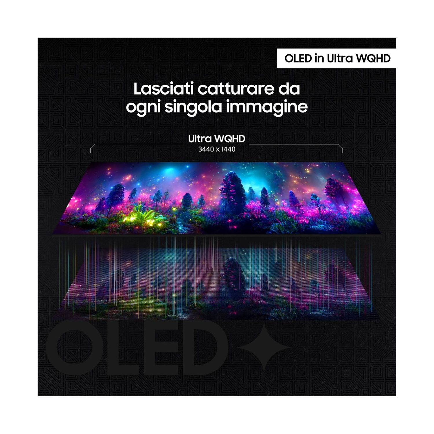 Schermo OLED mostra un paesaggio forestale al neon vibrante e colorato in Ultra WQHD.