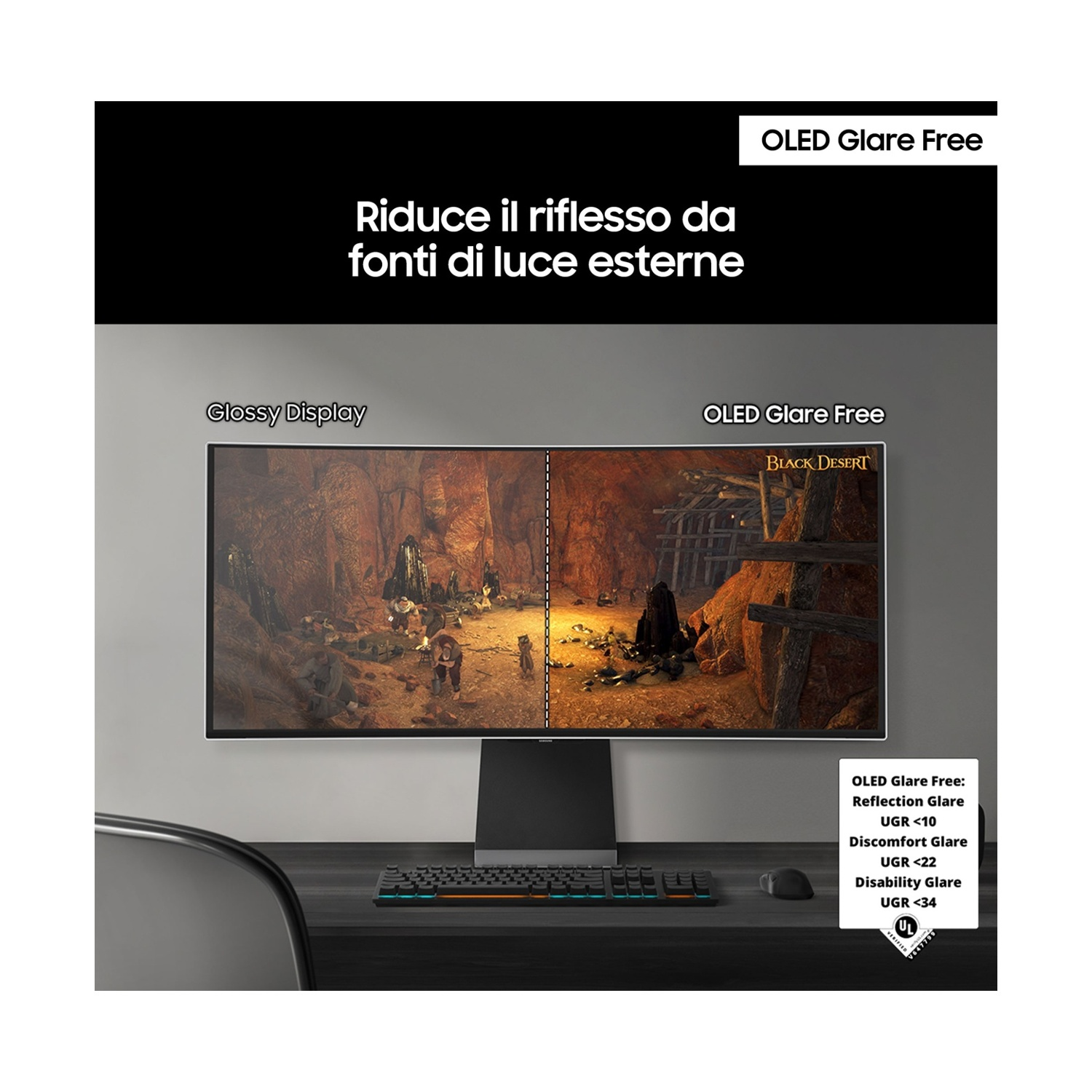 Confronto tra display lucido e tecnologia OLED Glare Free su un monitor.