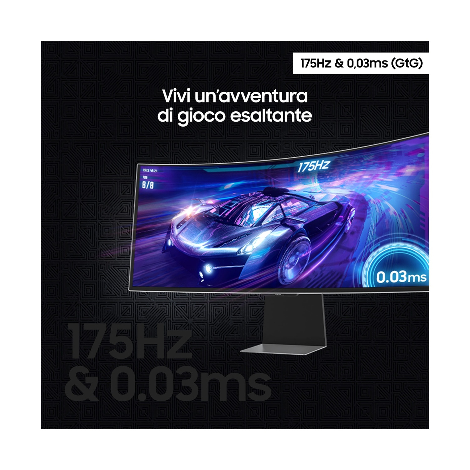 Un monitor da gioco curvo mostra un gioco di corse, evidenziato da 175Hz e 0,03ms.