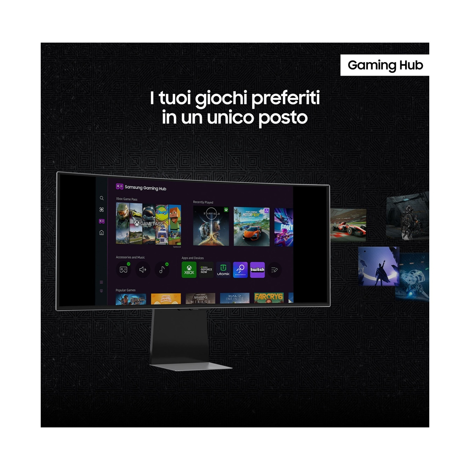 Un monitor curvo Samsung Gaming Hub mostra il menu principale con icone di giochi su sfondo scuro.