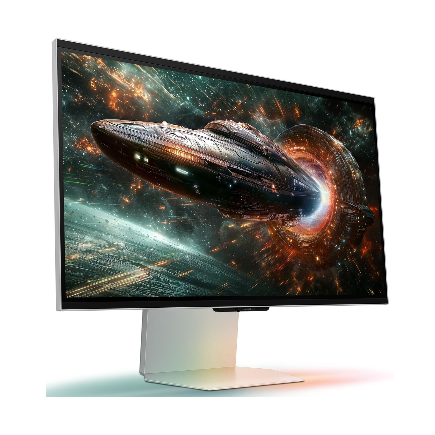 Un monitor per computer che mostra un'immagine di fantascienza di un'astronave nello spazio.