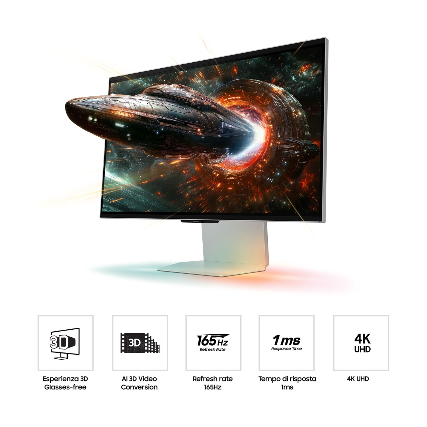 Un monitor senza cornici mostra un'animazione spaziale con icone per 3D senza occhiali, 165Hz e 4K UHD.