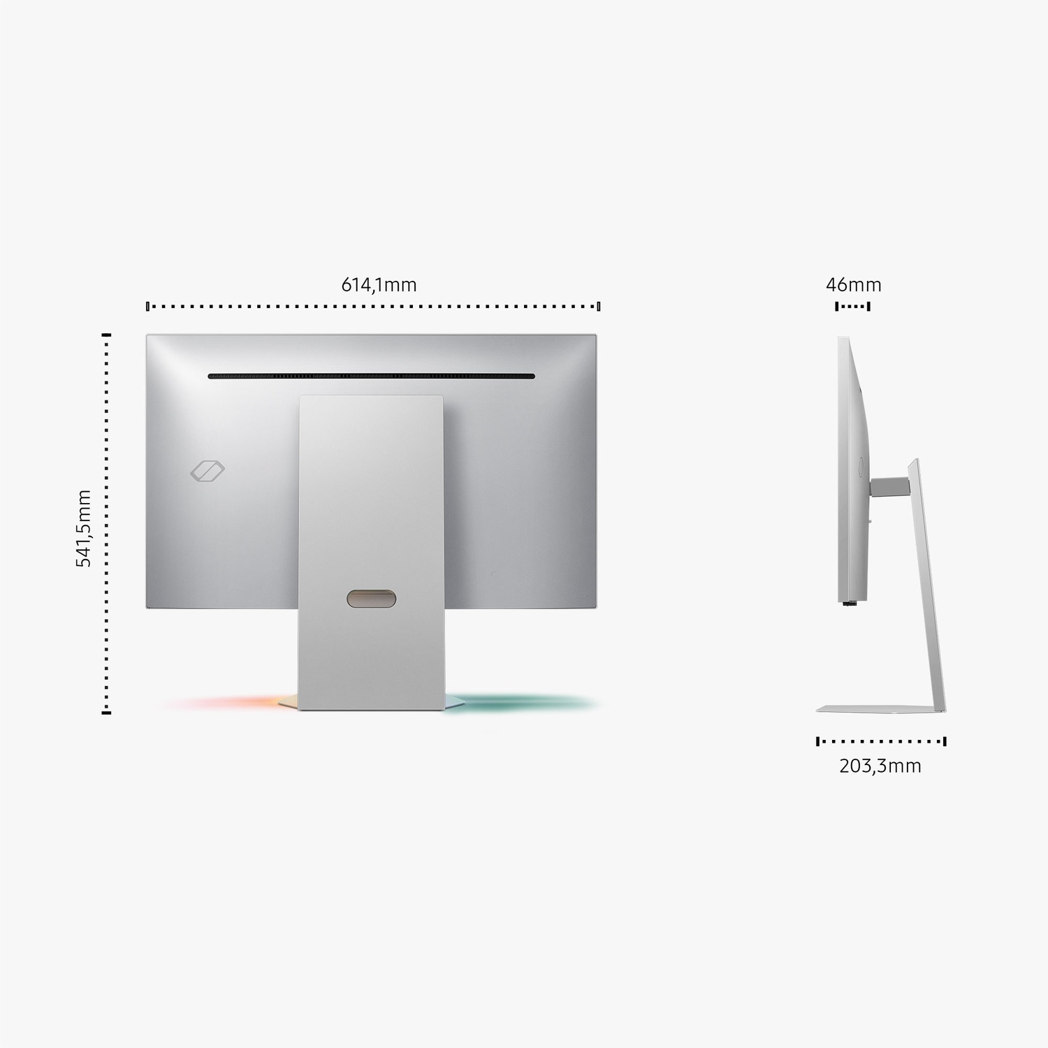 Dimensioni del monitor argento: larghezza 614,1 mm, altezza 541,5 mm, profondità 46 mm, base 203,3 mm.
