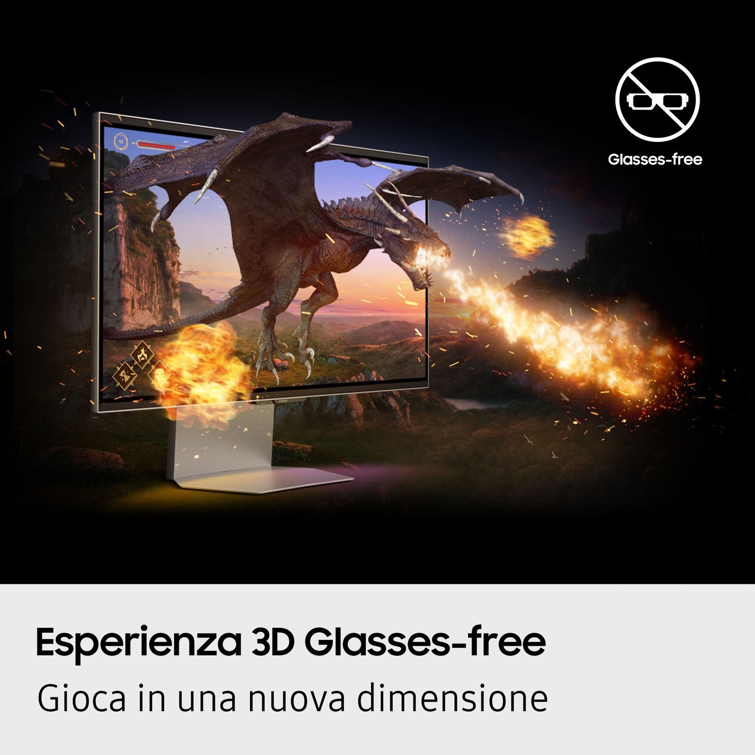 Un drago gigante emerge dallo schermo di un monitor, sputando fuoco su un paesaggio.