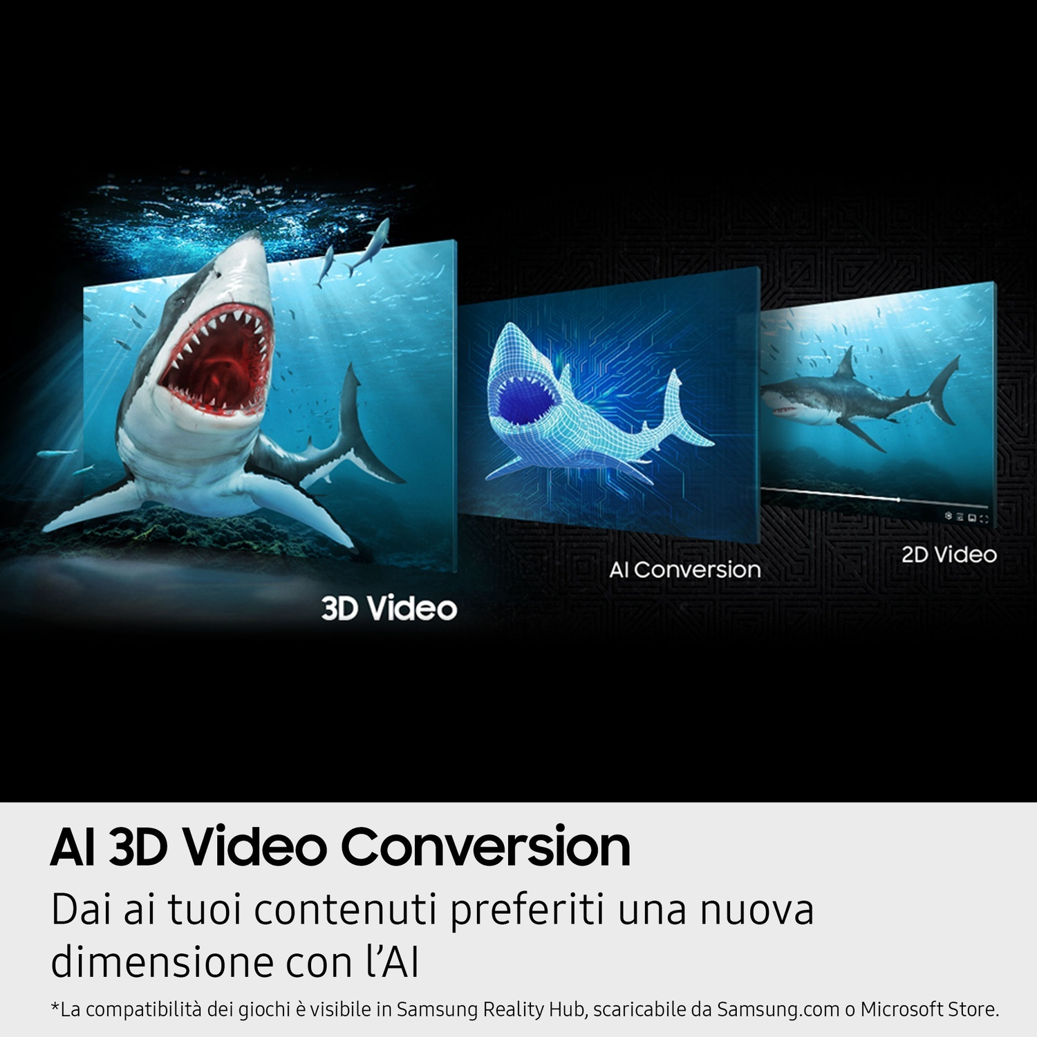 Grafica di conversione video da 2D a 3D basata sull'intelligenza artificiale con un motivo di squalo.