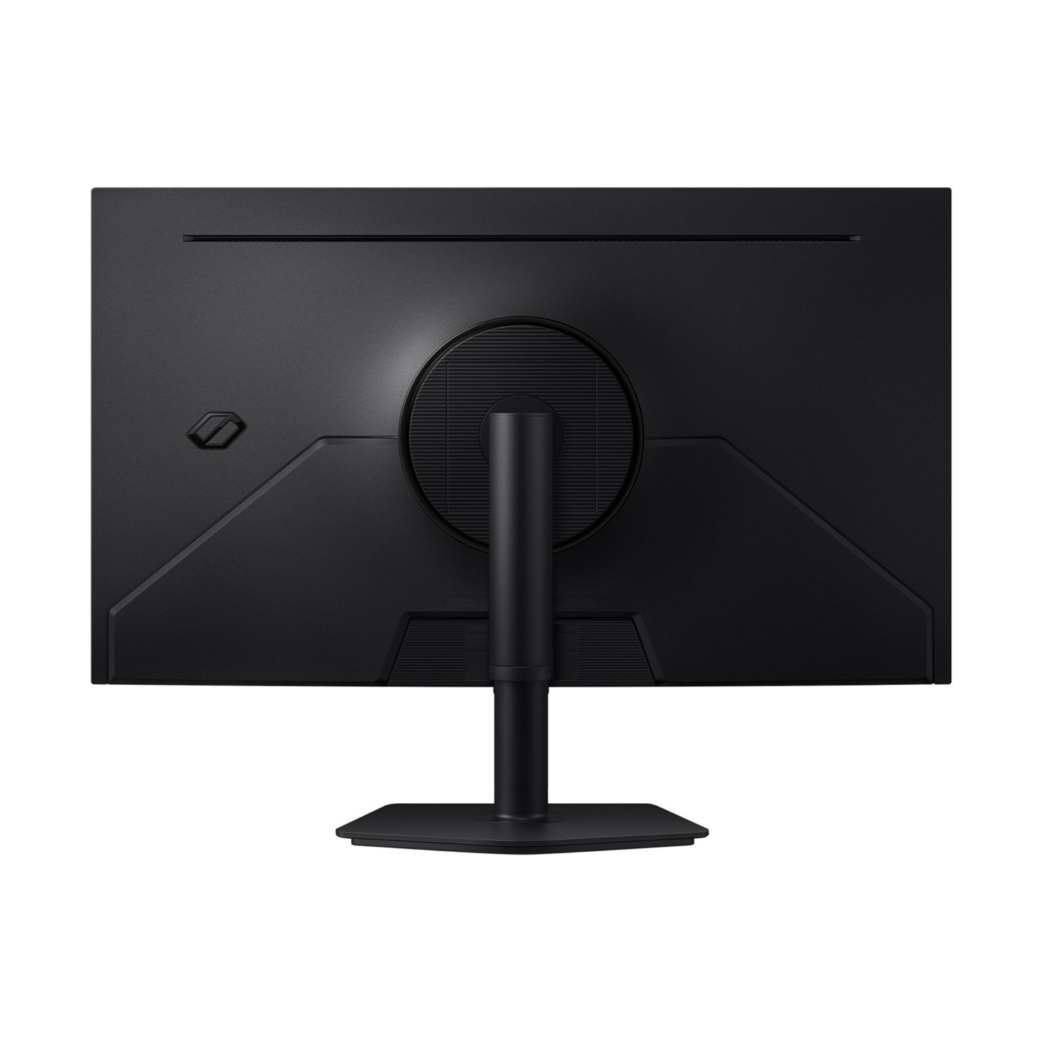 Vista posteriore di un monitor nero con supporto su sfondo chiaro.