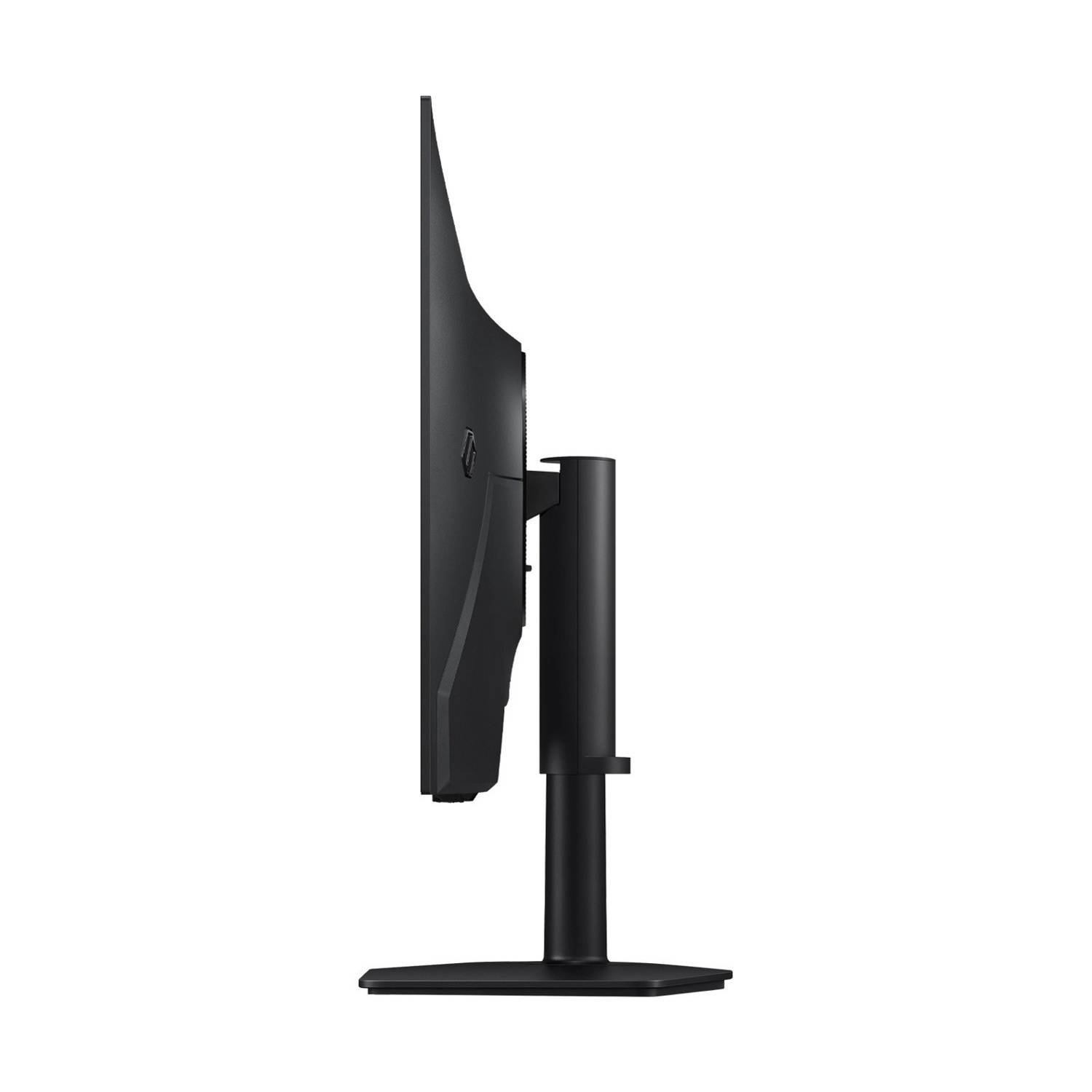 Vista laterale di un monitor per computer nero su supporto regolabile su sfondo bianco.