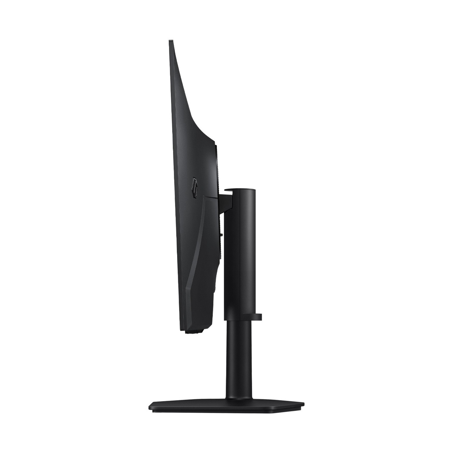 Vista laterale di un monitor nero su supporto regolabile con sfondo bianco.