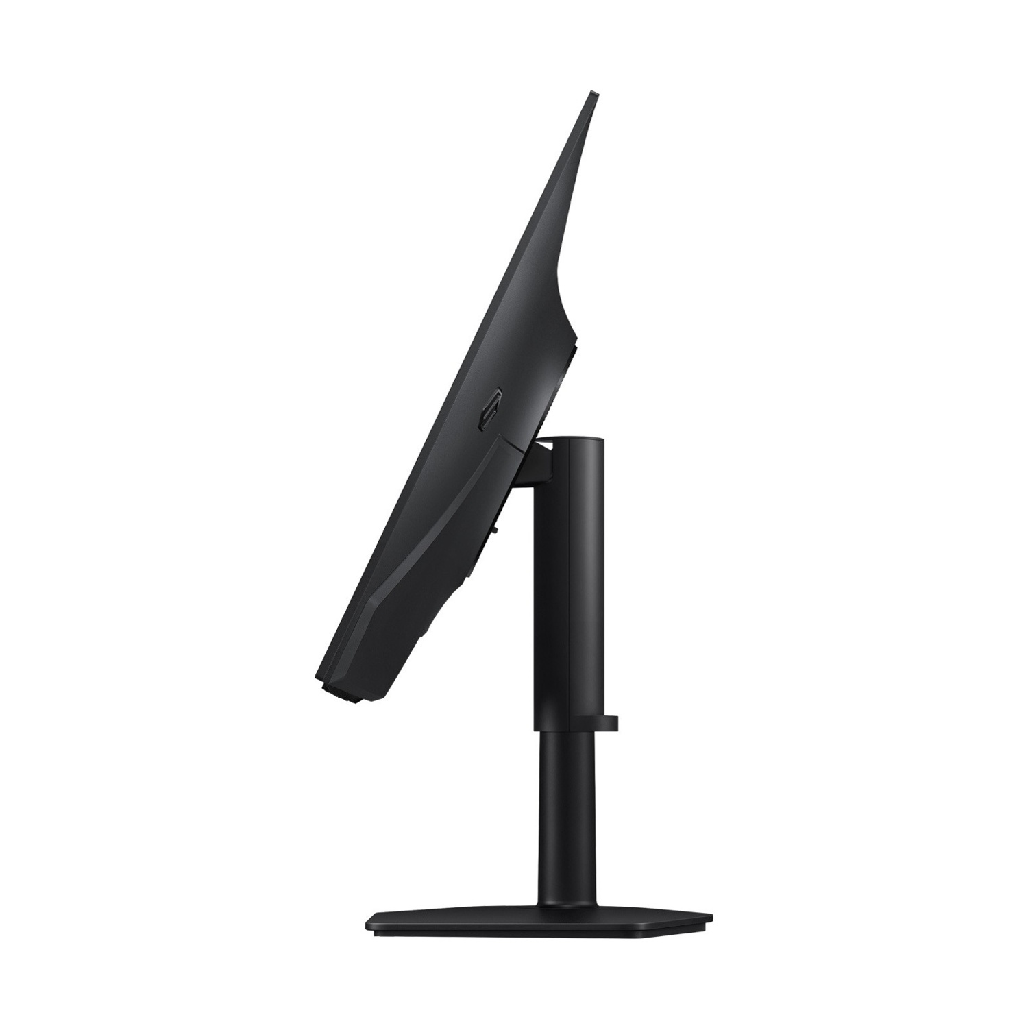 Vista laterale di un moderno monitor per computer nero con supporto regolabile su sfondo bianco.
