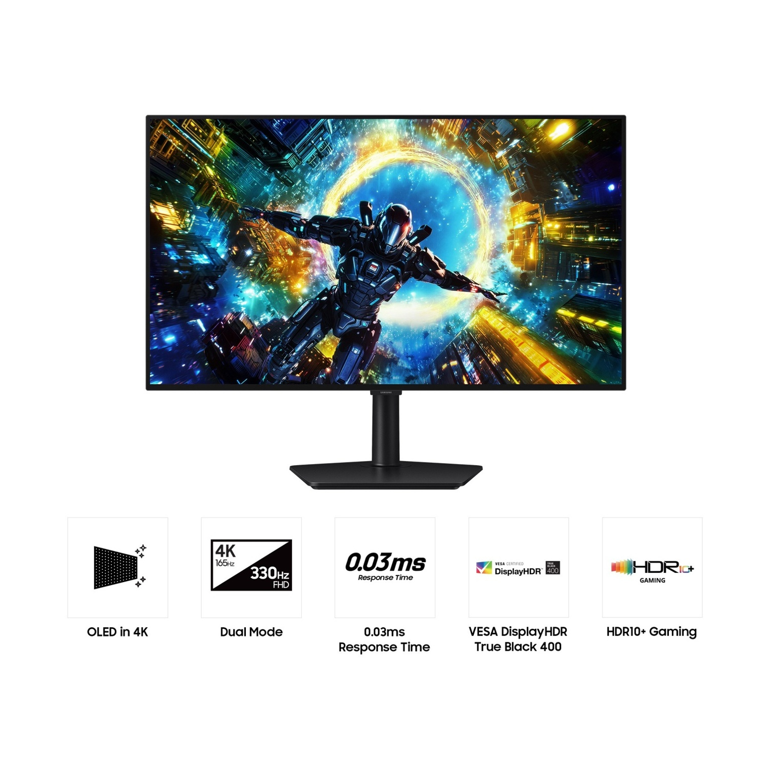 Un monitor da gioco con un'immagine sci-fi e icone di funzione sotto.
