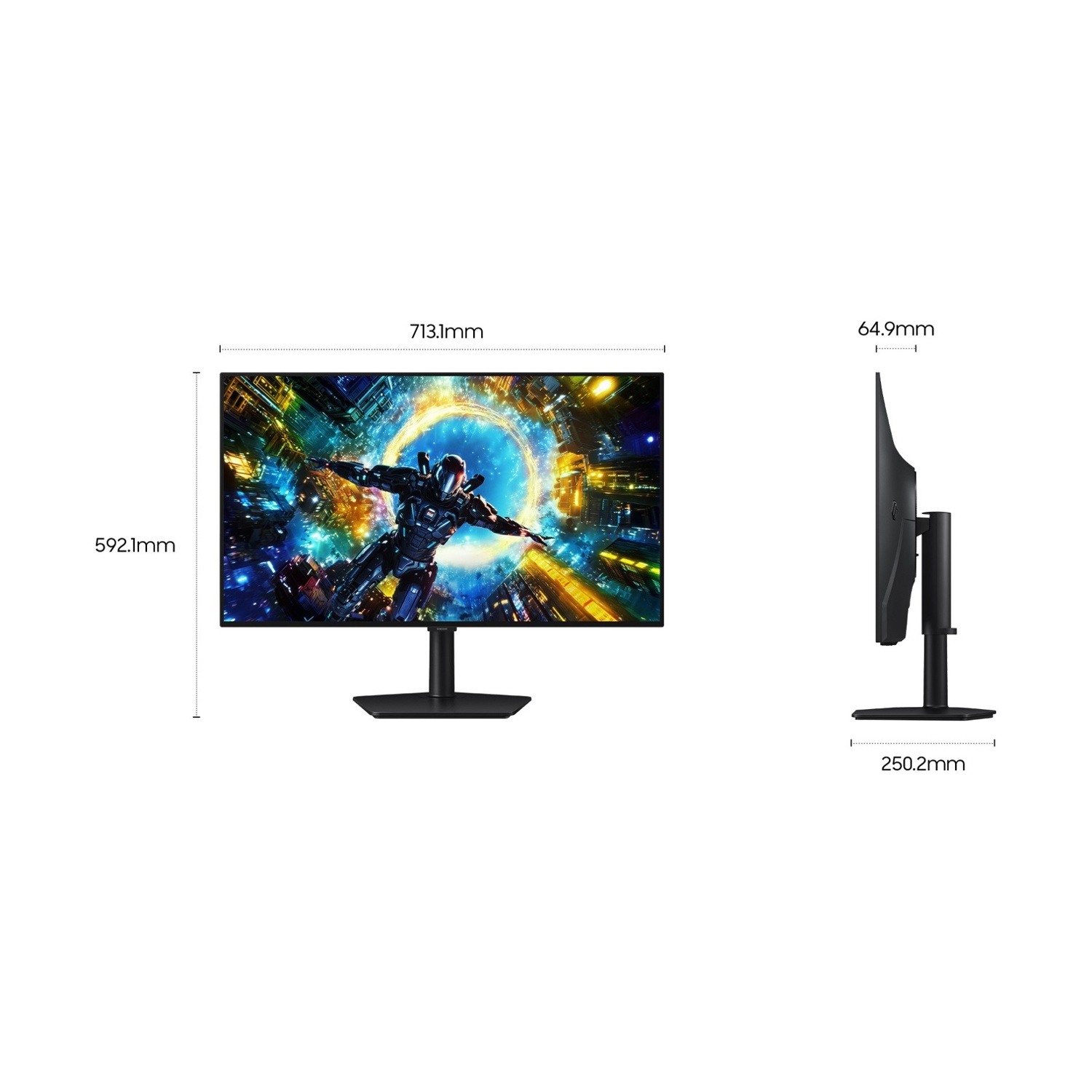 Vista frontale e laterale di un monitor da gioco nero con dimensioni di 713,1 mm, 592,1 mm, 64,9 mm e 250,2 mm.