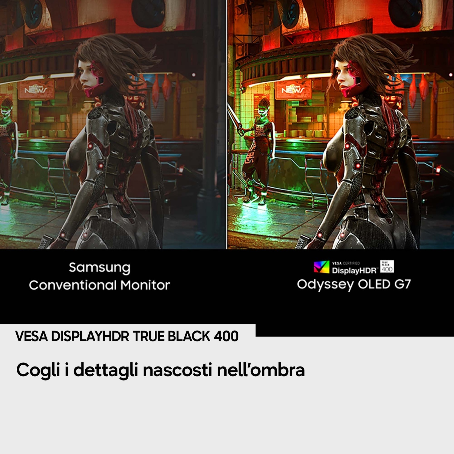 Confronto tra due monitor con una scena cyberpunk, in cui lo schermo OLED mostra dettagli più luminosi nelle ombre.