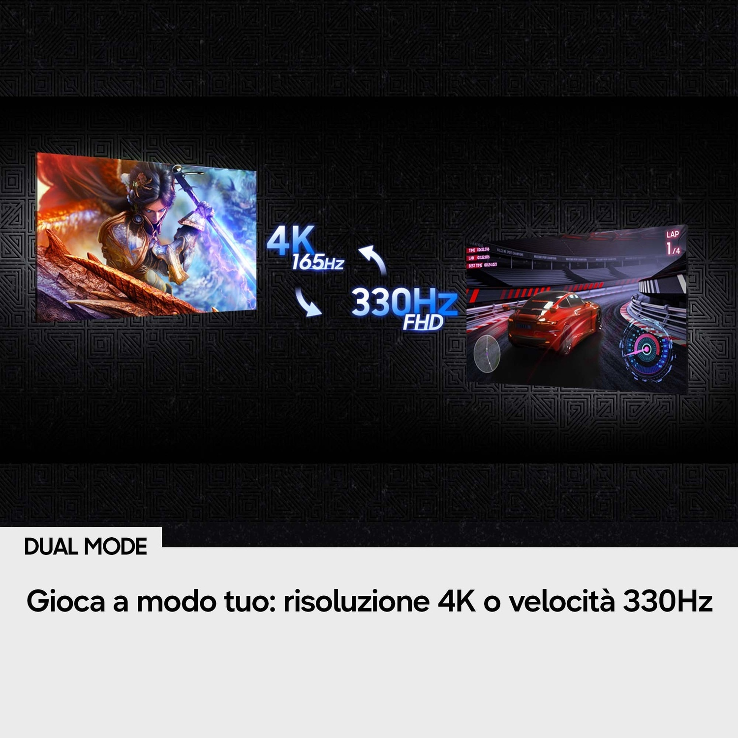 La grafica in modalità doppia mostra 4K a 165Hz e 330Hz FHD con un personaggio fantasy e un'auto da corsa rossa.