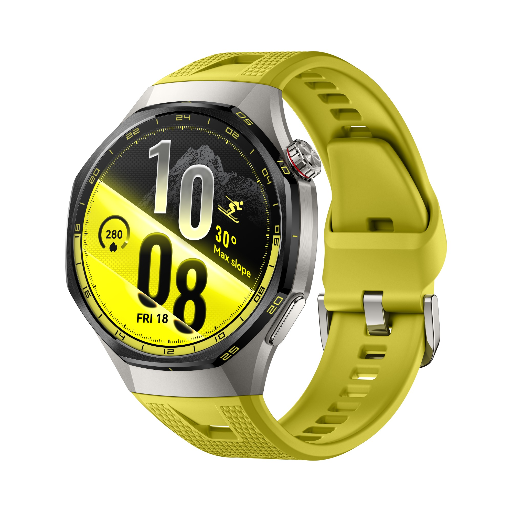 Smartwatch ze srebrną kopertą, żółtym paskiem i wyświetlaczem pokazującym godzinę i nachylenie.