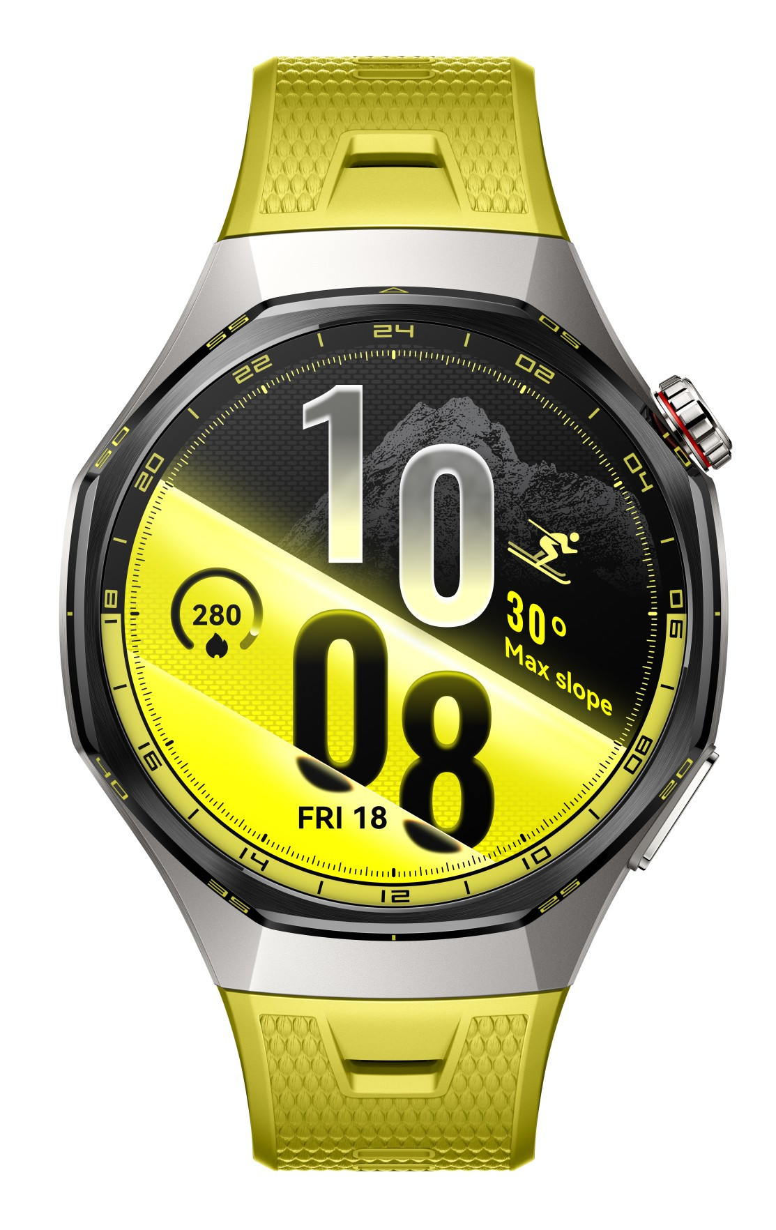 Elegancki smartwatch z żółtym silikonowym paskiem ma cyfrową tarczę pokazującą godzinę, datę i grafikę gór.