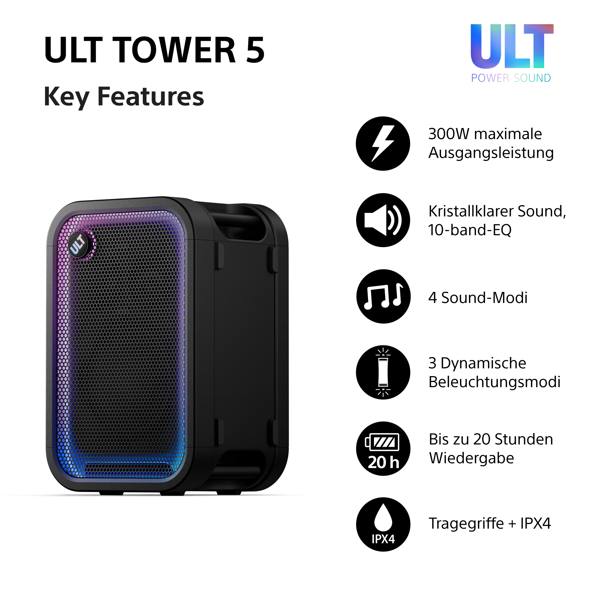 Ult Tower 5 Lautsprecher mit LED-Beleuchtung und Key-Features-Liste.