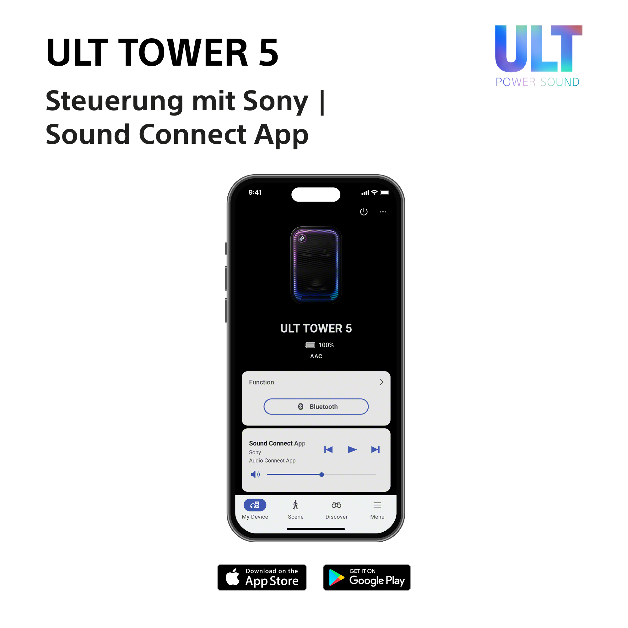 Smartphone zeigt die ULT Tower 5 Steuerung via Sony Sound Connect App.