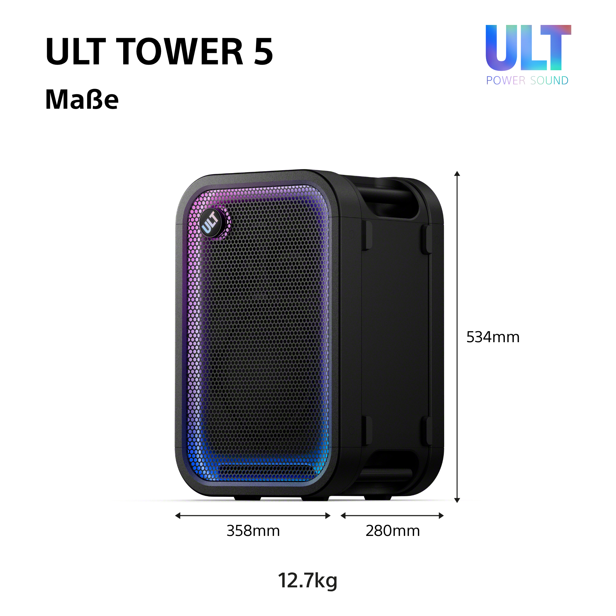Technische Zeichnung mit Maßangaben des schwarzen ULT TOWER 5 Lautsprechers: 534mm Höhe, 358mm Breite, 280mm Tiefe und 12,7kg.