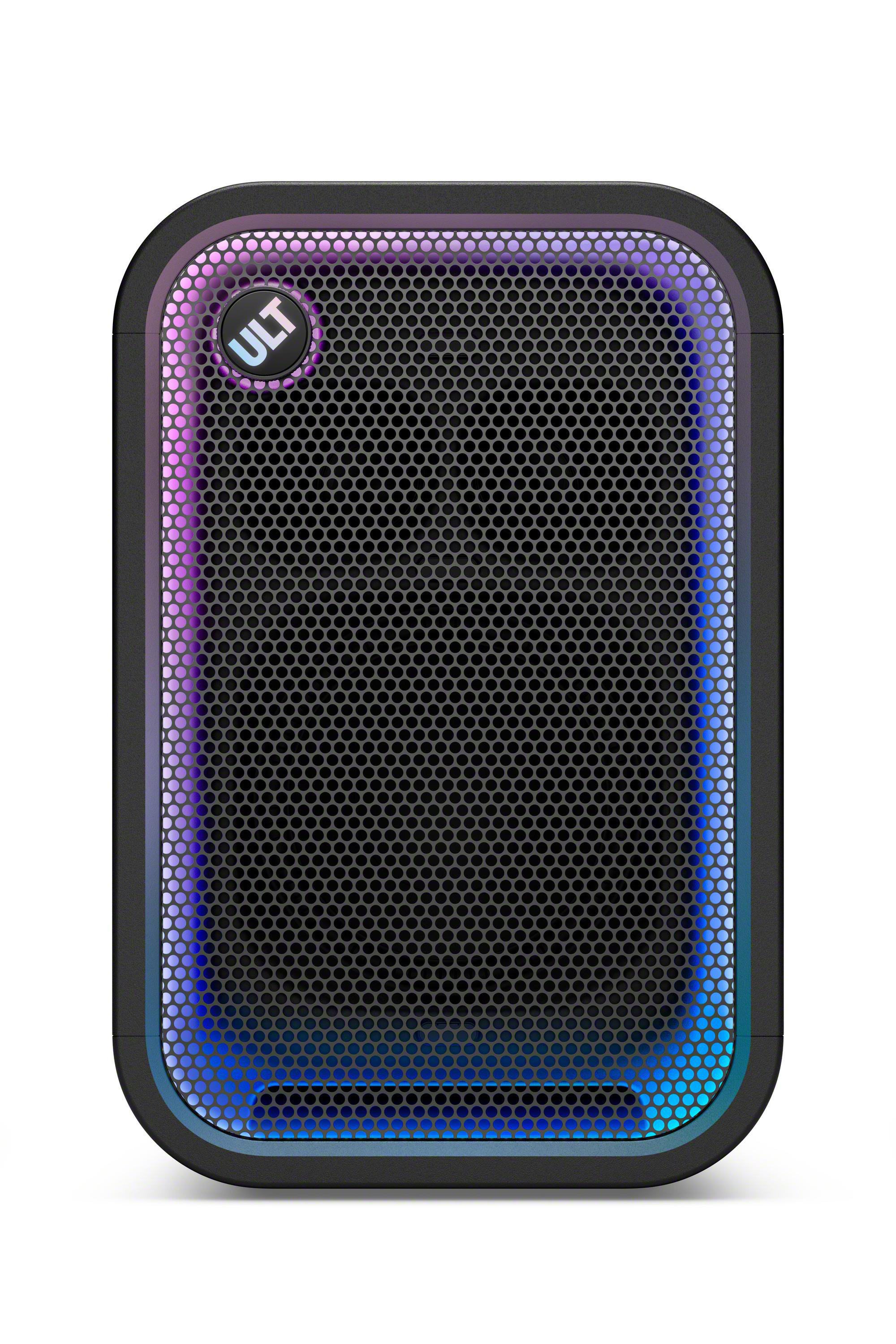 Ein schwarzer ULT-Bluetooth-Lautsprecher mit runder Mesh-Front und bunter LED-Beleuchtung auf einem weißen Hintergrund.